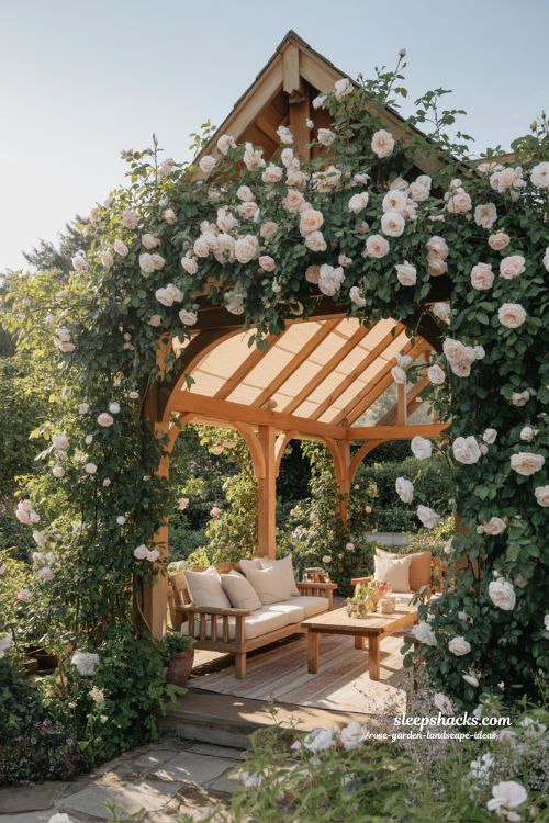 elegant pergola covered in climbing roses creating a shaded and peaceful garden seating retreat