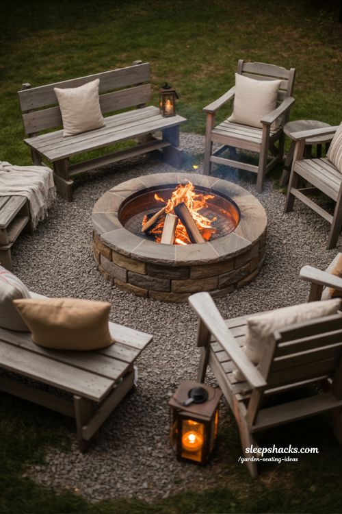 fire pit seating circle backyard ideas with cozy chairs and warm evening garden layout for relaxed conversations 