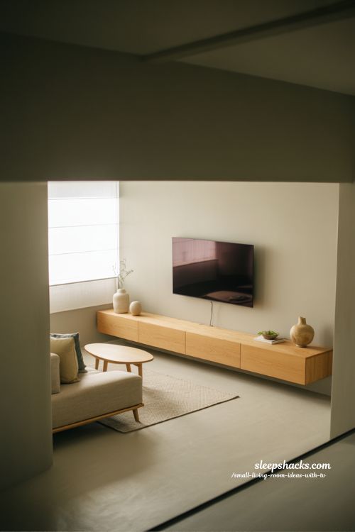 floating console tv setup for a light and open small living room with modern minimalist design