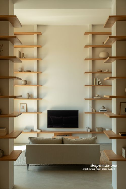 floating shelves around tv for vertical balance in a small modern living room with clean minimalist design