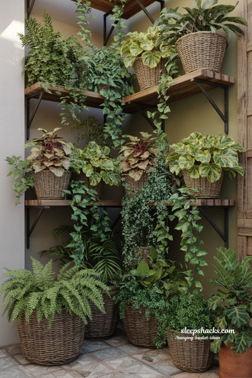 foliage first hanging basket ideas with lush green plants for calming mini jungle balcony design