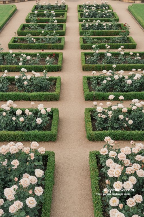 formal rose garden with symmetrical design and elegant structured landscaping ideas