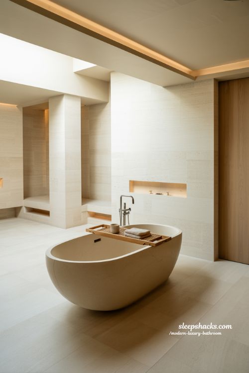 freestanding bathtub centerpiece in modern luxury bathroom with minimalist spa design warm lighting and stone interior 