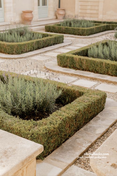 french courtyard garden geometry with soft structured paths hedges and natural balanced design