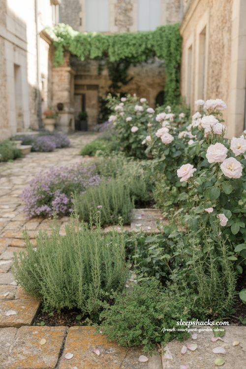 french courtyard garden layered planting with herbs flowers and climbing plants natural unstructured design