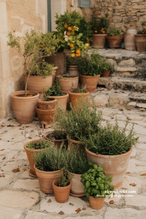 french courtyard garden with terracotta pots herbs and citrus creating warm lived in rustic charm