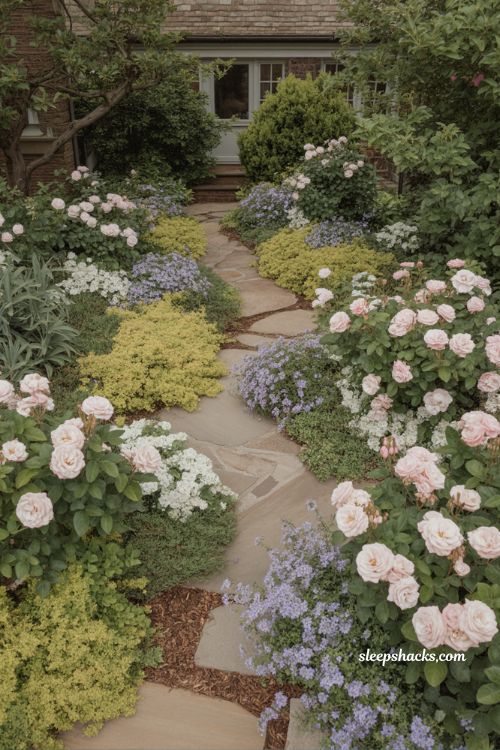 front yard landscaping ideas with cottage garden front path roses catmint and layered English garden design curb appeal