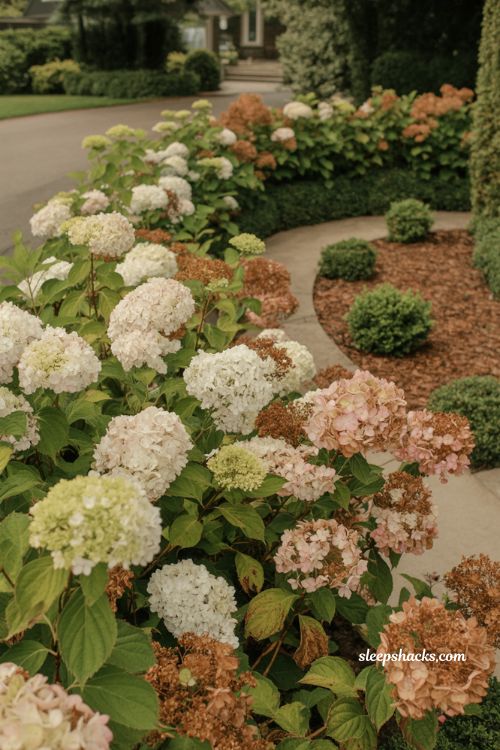 front yard landscaping ideas with hydrangea hedge summer blooming privacy border limelight flowers curb appeal design