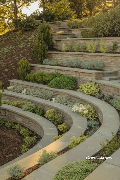 front yard landscaping ideas with low retaining walls terraced slope garden stone landscape design and layered planting beds