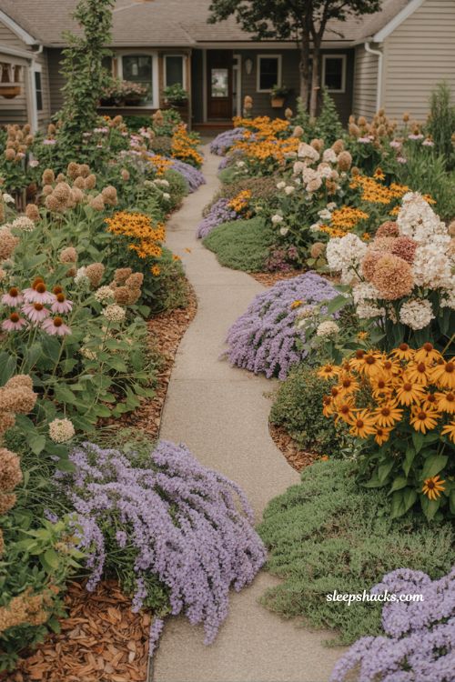front yard landscaping ideas with pollinator garden walkway coneflowers russian sage and hydrangea natural habitat design