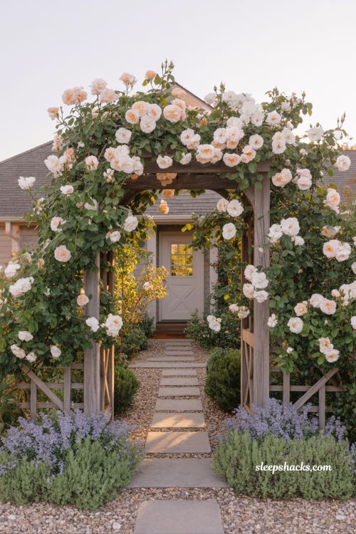 front yard landscaping ideas with rose covered arbor entry walkway stone path and cottage garden curb appeal