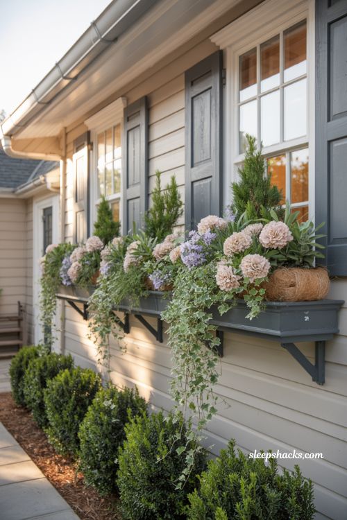 front yard landscaping ideas with window boxes seasonal flowers cottage style curb appeal and charming home exterior design