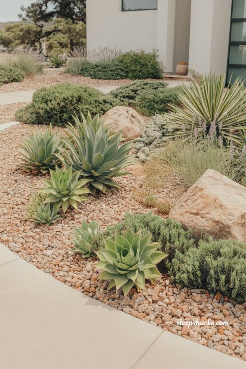 front yard landscaping ideas with xeriscape succulents and native plants turfless drought tolerant desert garden design