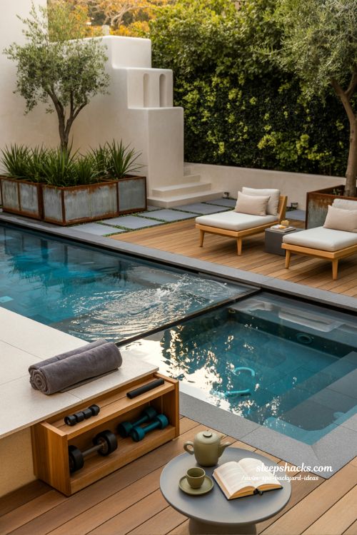 functional backyard dual zone swim spa design with lap swimming and relaxation spa areas
