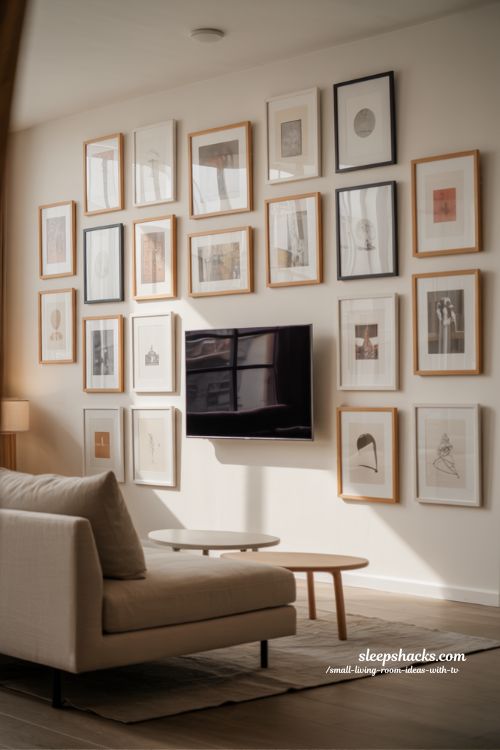 gallery wall around tv for balanced small living room with modern cozy decor style