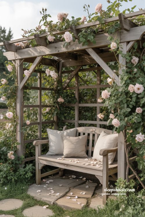 garden bench with arbor and climbing roses cozy shaded seating ideas for romantic outdoor retreat 