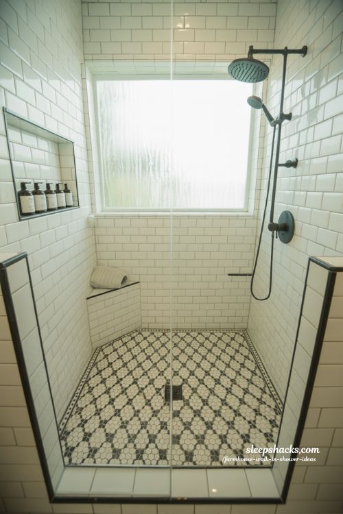 geometric hexagon tile walk in shower floor modern farmhouse bathroom with black and white pattern design