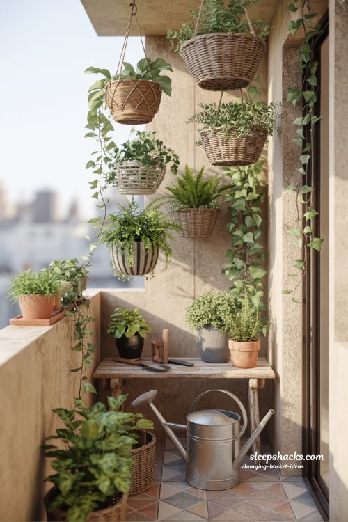 hanging basket ideas for small balcony garden with lush greenery and cozy urban decor