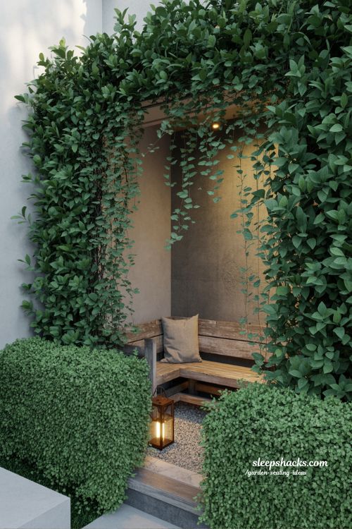hidden garden seating ideas behind green walls with private bench and lush greenery for quiet outdoor retreat 