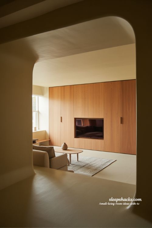 hidden tv storage design for a clean minimal small living room with modern sliding panel wall concept