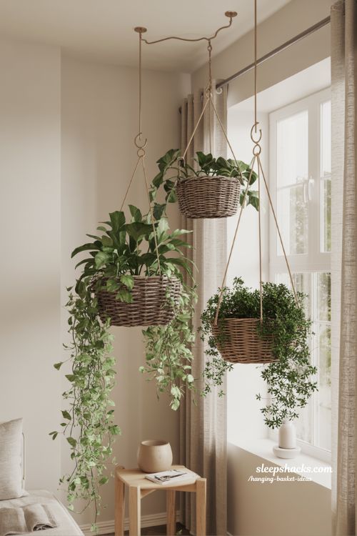 indoor hanging basket ideas for window corners with lush greenery and cozy home decor