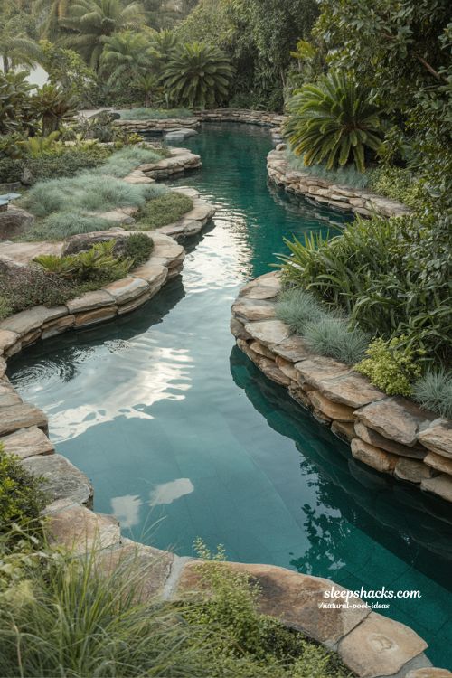lagoon inspired natural pool ideas for calm backyard escape with organic stone and lush greenery design