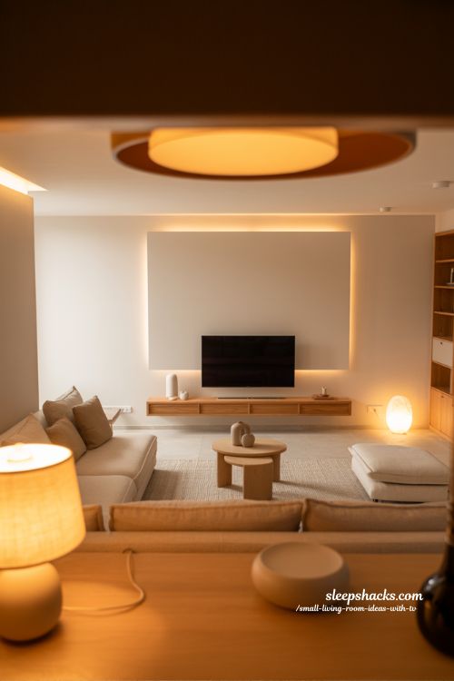 layered lighting for cozy small living room tv area with warm modern minimalist ambiance