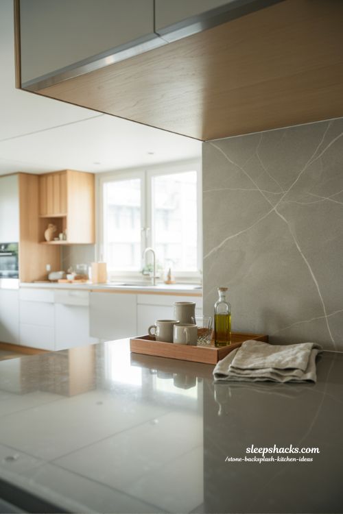 light grey stone backsplash kitchen for airy modern and calming small space design