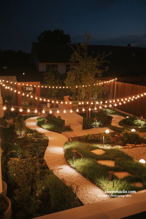 lighting backyard landscaping ideas that transform outdoor spaces at night with warm ambient glow