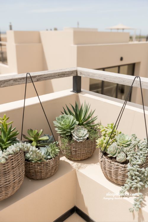 low maintenance succulent hanging basket ideas for modern minimalist balcony garden design