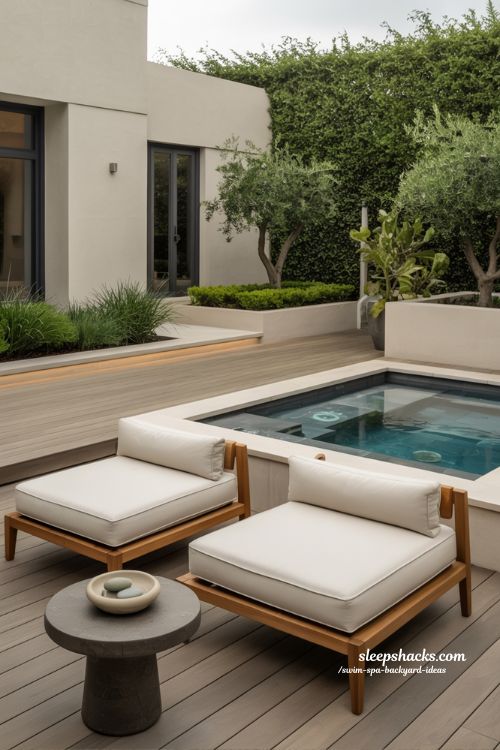 luxury resort-style backyard retreat with modern swim spa and teak decking