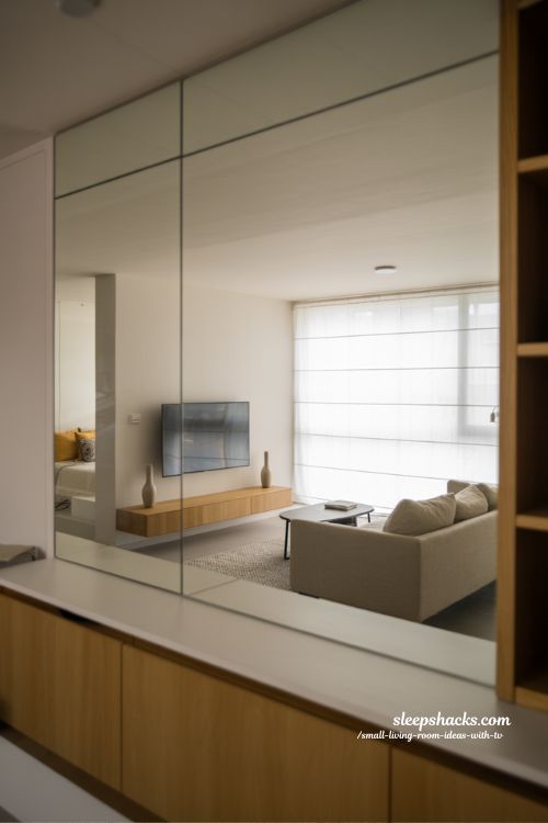 mirror placement for expanding small living room space with bright modern minimalist design
