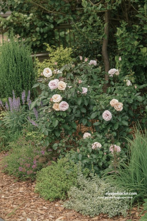 mixed border garden with roses and perennials for layered seasonal color and natural depth