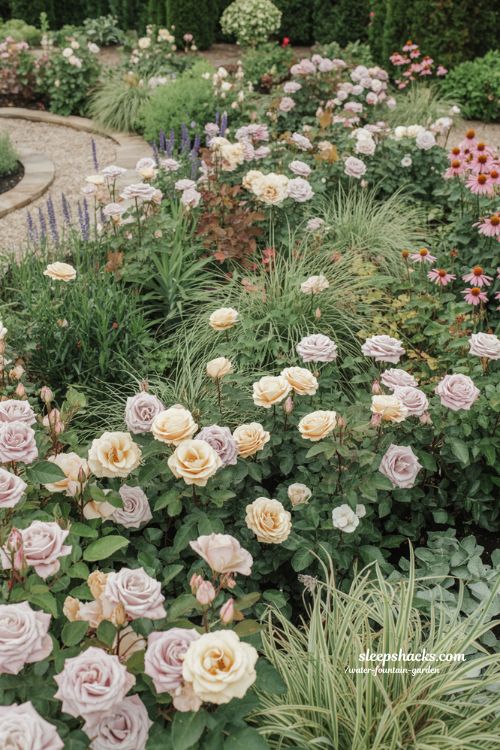 mixed border rose garden ideas with natural flowing planting grasses and perennials in a layered seasonal design