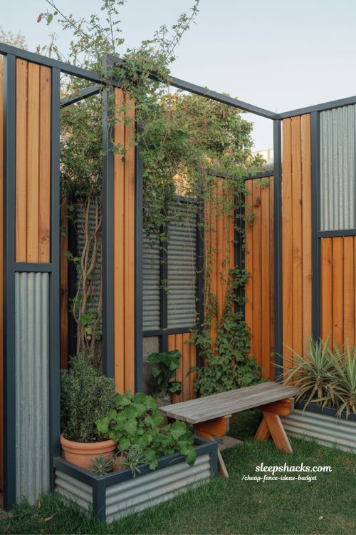 mixed material fence design with wood metal and plants for cheap modern backyard style 