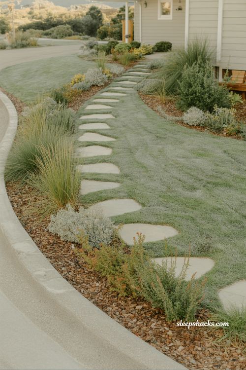 modern front yard landscaping ideas with low maintenance native plants and natural stone pathway curb appeal design