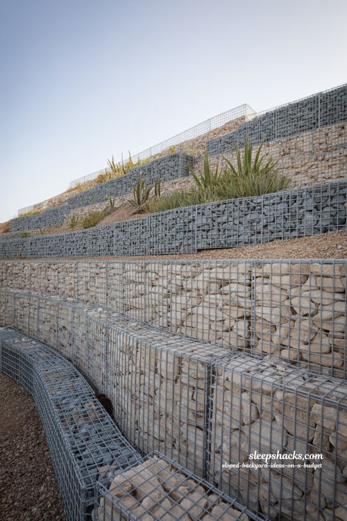modern gabion retaining wall ideas for sloped backyard budget landscaping with stone baskets and industrial design