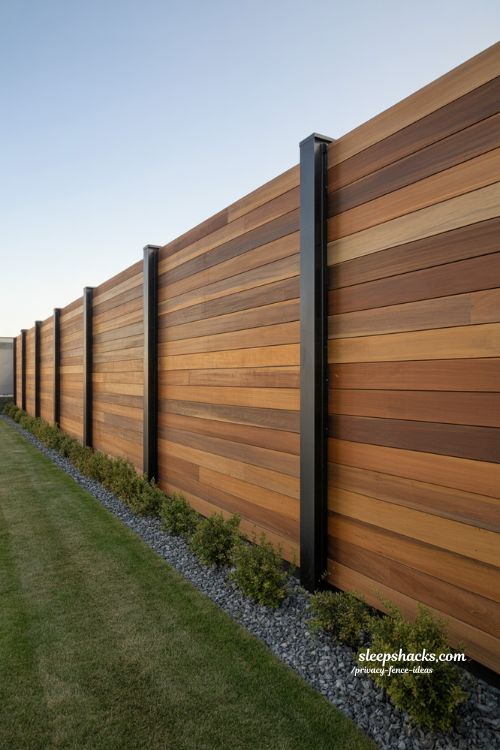 modern horizontal cedar privacy fence ideas with black metal posts for a sleek backyard design