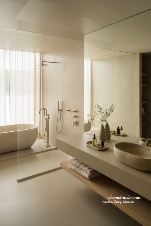 modern luxury bathroom with soft natural light stone textures and calm minimalist spa design