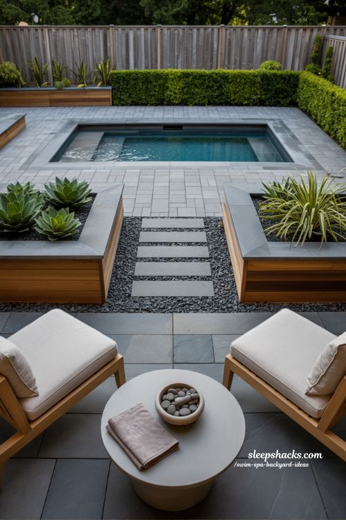 modern paver patio design with integrated swim spa for a clean and structured backyard retreat