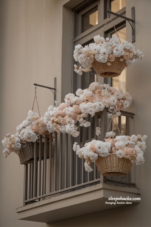 monochrome hanging basket ideas with all white or pink flowers for elegant balcony decor at dusk