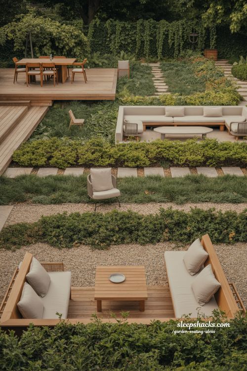 multi level garden seating ideas with dining lounge and reading zones for large outdoor backyard design 