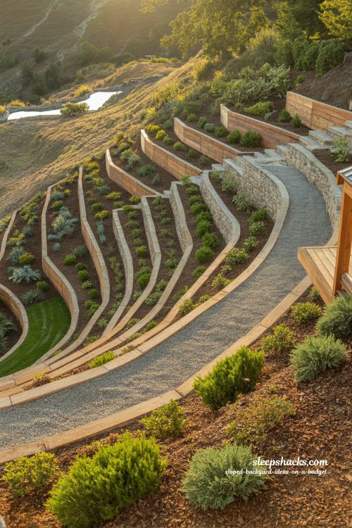 multi level sloped backyard ideas on a budget with terraces pathways seating and layered landscape design