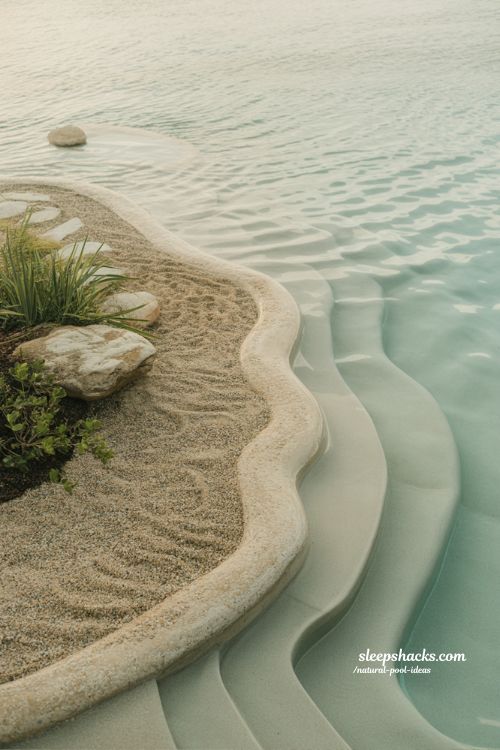 natural pool ideas with beach entry for gentle water access and calm shoreline backyard design