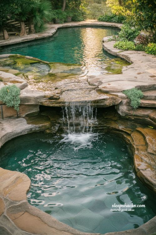 natural pool ideas with waterfall design for soothing sound and calming backyard motion