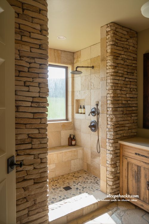 natural stone walk in shower farmhouse bathroom with travertine and pebble floor rustic luxury spa design