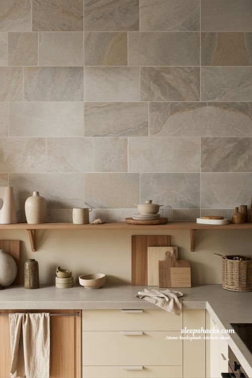 neutral stone kitchen backsplash for balanced timeless and calming kitchen spaces