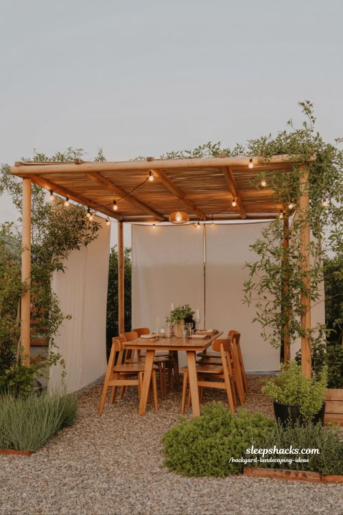 outdoor dining backyard landscaping ideas with pergola and cozy string light ambiance for real living
