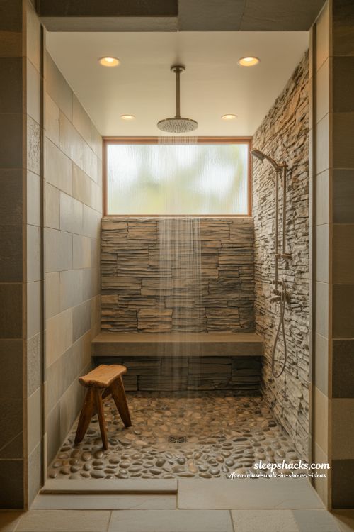 outdoor inspired farmhouse walk in shower with stone walls and pebble floor nature spa bathroom design