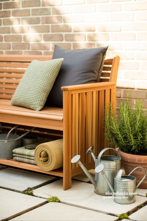 outdoor storage bench ideas made of cedar wood in a clean garden setting for organizing cushions and garden tools